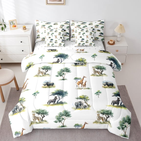Homewish Kids Children Giraffe Zebra Elephants Bedding Comforter Set 7-Piece,Jungle Animal King Bedding Sets,Woodland Wildlife Ultra Soft Bed Sheets,Breathable Home Decor,Reversible