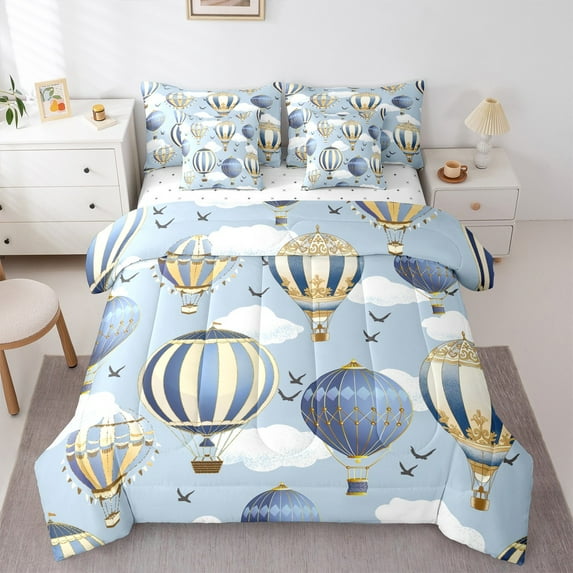 Homewish Kids Children Hot Air Balloon Bedding Comforter Set 7pcs,Cartoon Kawaii Queen Bedding Sets Super Cozy,Cute Geometric Stripes Queen Sheet Sets,Luxury Bedroom Decor,Reversible