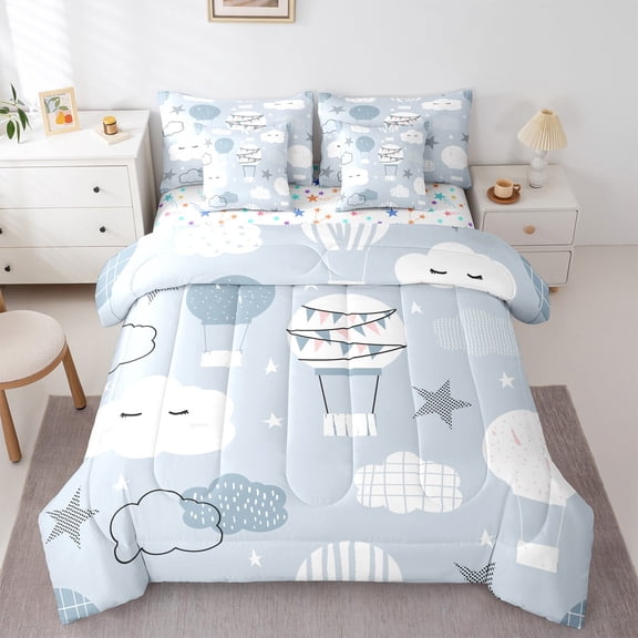 Homewish Kids Children Hot Air Balloon Twin Bedding Sets 7-Piece,Starry Sky Bedding Comforter Set Microfiber,Cute Geometric Stripes Breathable Sheet Sets,Luxury Bedroom Decor,Reversible