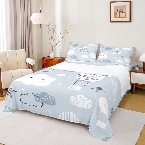 Homewish Kids Children Hot Air Balloon Twin Sheet Sets 3pcs,Starry Sky Twin Fitted Sheet Microfiber,Cute Geometric Stripes Breathable Flat Sheet,Luxury Bedroom Decor