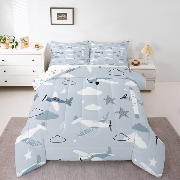 Homewish Kids Children Kawaii Airplane Bedding Comforter Set 2pcs,Cartoon Aircraft Twin Comforter Sets Microfiber,Cute Stars Print Breathable Bedding Set,Luxury Bedroom Decor,Reversible