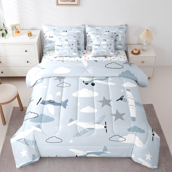 Homewish Kids Children Kawaii Airplane Twin Bedding Sets 7-Piece,Cartoon Aircraft Bedding Comforter Set Microfiber,Cute Stars Print Breathable Sheet Sets,Luxury Bedroom Decor,Reversible