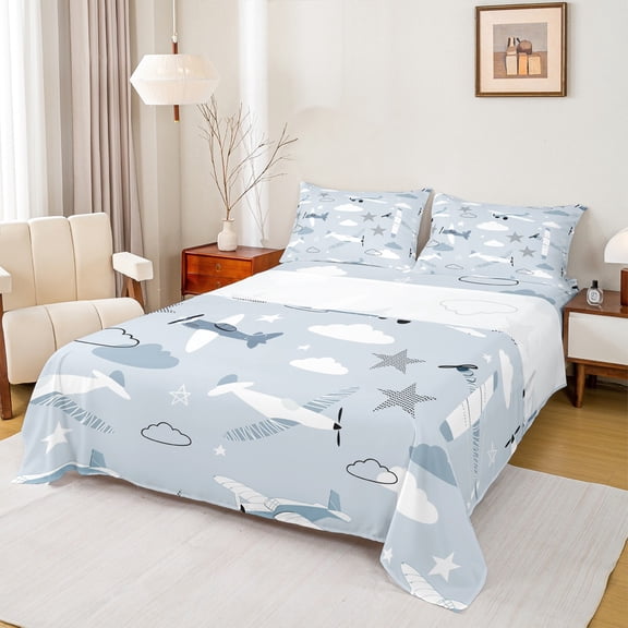 Homewish Kids Children Kawaii Airplane Twin Sheet Sets 3pcs,Cartoon Aircraft Twin Fitted Sheet Microfiber,Cute Stars Print Breathable Flat Sheet,Luxury Bedroom Decor