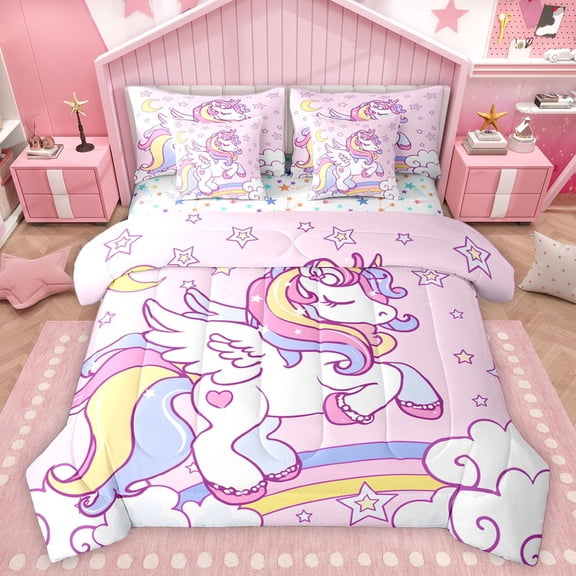 Homewish Kids Children Kawaii Unicorn Bedding Comforter Set 7 Pieces,Cartoon Animal Full Bedding Set Lightweight,Cute Rainbow Fitted Sheet Flat Sheet,Super Cozy Room Decor,Reversible