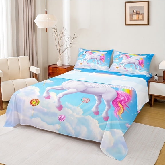 Homewish Kids Children Kawaii Unicorn Twin Sheet Sets 3pcs,Cartoon Animal Twin Fitted Sheet Microfiber,Cute Rainbow Breathable Flat Sheet,Super Cozy Room Decor