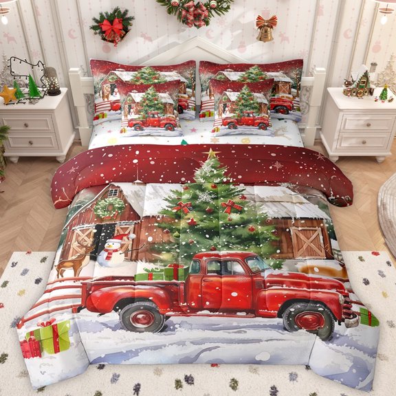 Homewish Kids Children Red Truck Bedding Comforter Set 7-Piece,Xmas Snowman King Bedding Sets,Merry Christmas Ultra Soft Bed Sheets,Lightweight Room Decor,Reversible