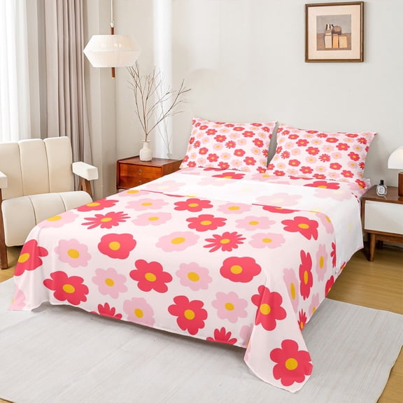 Homewish Kids Children Retro Flowers Twin Sheet Sets 3pcs,Spring Garden Twin Fitted Sheet Microfiber,Pink Red Yellow Breathable Flat Sheet,Microfiber Bedroom Decor