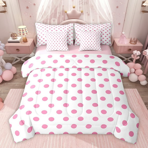 Homewish Kids Children Retro Polka Dots Bedding Comforter Set 7pcs,Minimalist Circle Queen Bedding Sets Super Cozy,Mid Century Vintage Geometric Queen Sheet Sets,Ultra Soft Home Decor,Reversible
