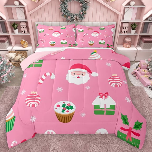Homewish Kids Children Santa Claus 3 Pieces Queen Comforter Set,Xmas Candy Cane Ultra Soft Bedding Sets,Merry Christmas Bedding Comforter Set Breathable,Luxury Bedroom Decor,Reversible