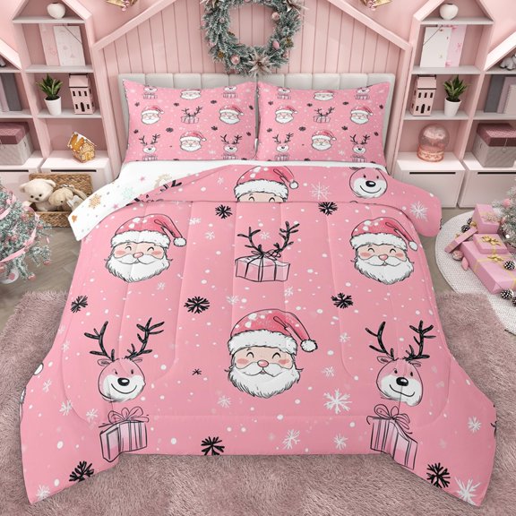 Homewish Kids Children Santa Claus 3 Pieces Queen Comforter Set,Xmas Cartoon Deer Ultra Soft Bedding Sets,Merry Christmas Bedding Comforter Set Breathable,Luxury Bedroom Decor,Reversible