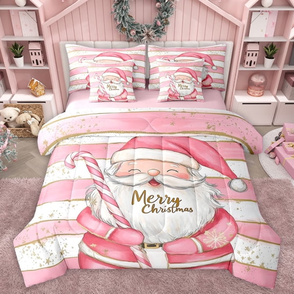Homewish Kids Children Santa Claus Twin Bedding Sets 7-Piece,Geometric Stripes Bedding Comforter Set Microfiber,Merry Christmas Xmas Breathable Sheet Sets,Luxury Bedroom Decor,Reversible