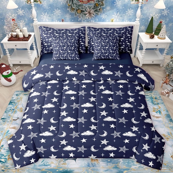 Homewish Kids Children Stars Print Bedding Comforter Set 7 Pieces,Starry Sky Full Bedding Set Lightweight,Blue White Fitted Sheet Flat Sheet,Luxury Bedroom Decor,Reversible