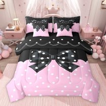 Homewish Kids Children Teens Cartoon Ribbon Bow Twin Bedding Sets 7-Piece,Dreamy Princess Bedding Comforter Set Microfiber,Polka Dots Breathable Sheet Sets,Lightweight Room Decor,Reversible