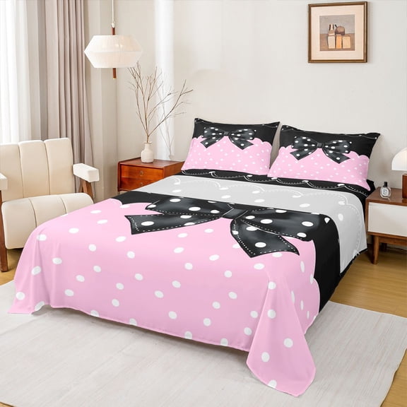 Homewish Kids Children Teens Cartoon Ribbon Bow Twin Sheet Sets 3pcs,Dreamy Princess Twin Fitted Sheet Microfiber,Polka Dots Breathable Flat Sheet,Lightweight Room Decor