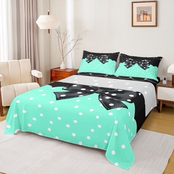 Homewish Kids Children Teens Cartoon Ribbon Bow Twin Sheet Sets 3pcs,Dreamy Princess Twin Fitted Sheet Microfiber,Polka Dots Breathable Flat Sheet,Lightweight Room Decor