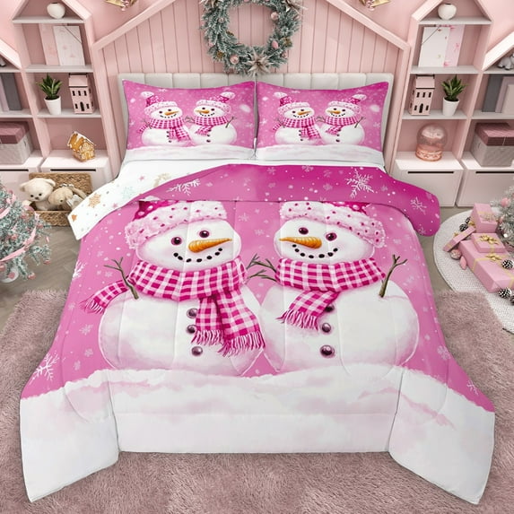 Homewish Kids Children Teens Cartoon Snowman 3 Pieces Queen Comforter Set,Merry Christmas Ultra Soft Bedding Sets,Happy Xmas Bedding Comforter Set Breathable,Ultra Soft Home Decor,Reversible