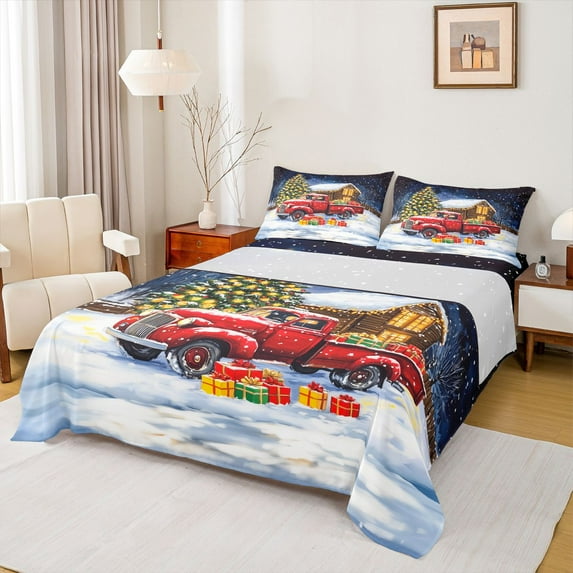 Homewish Kids Christmas Gifts Full Size Sheets,Chic Xmas Tree Bed Sheets,Happy New Year Sheet Sets For Girl Kids,Luxury Bedroom Decor,4pcs