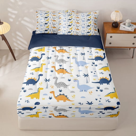Homewish Kids Dinosaur Zipper Twin Comforter Sets with Fitted Sheet and 2 Pillowcases,Ancient Animal Tropical Coconut Tree Zipper Bedding Set For Boys Teens,Reversible,4-Piece