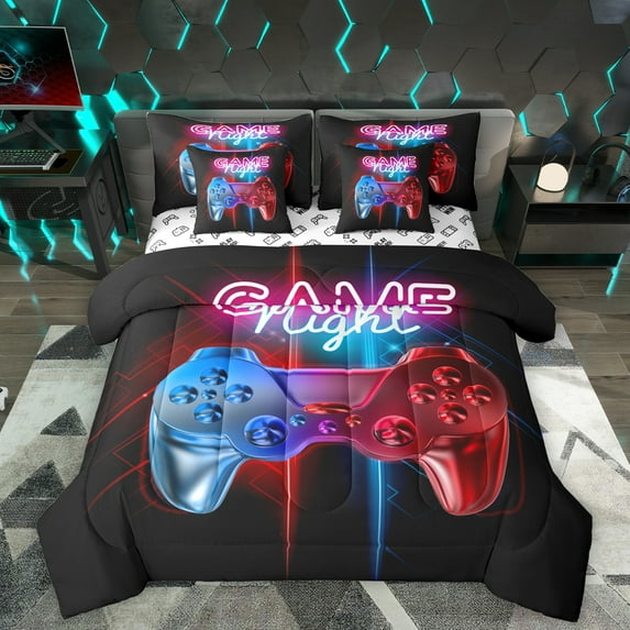 Homewish Kids Game Console 7-Piece Twin Bedding Sets,Modern Video Game Bedding Comforter Set,Gradient Blue Red Sheet Sets For Boys,Breathable Home Decor Reversible