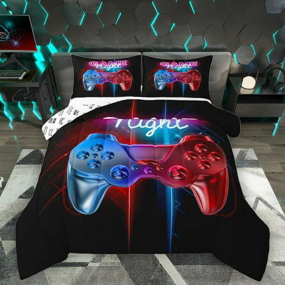 Homewish Kids Game Console Bedding Comforter Set,Modern Video Game Twin Comforter Sets,Gradient Blue Red Bedding Set For Boys,Breathable Home Decor Reversible,2pcs