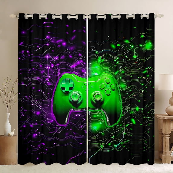 Homewish Kids Game Console Black Out Curtains,Modern Video Game Curtains Pack of 2 (42x63 Each),Green Purple Black Bedroom Curtains For Boys,Breathable Home Decor