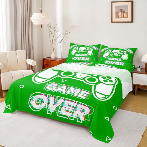 Homewish Kids Gamepad Controller Twin Sheet Sets, Green Game Console Twin Fitted Sheet, Cartoon Video Game Theme Flat Sheet, Lightweight Room Decor, 3 Pieces