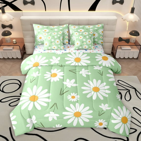 Homewish Kids Green Cartoon Bedding Comforter Set 7pcs, Groovy Flower Floral Queen Bedding Sets, Kawaii Princess Style Reversible Queen Sheet Sets, Lightweight Room Decor