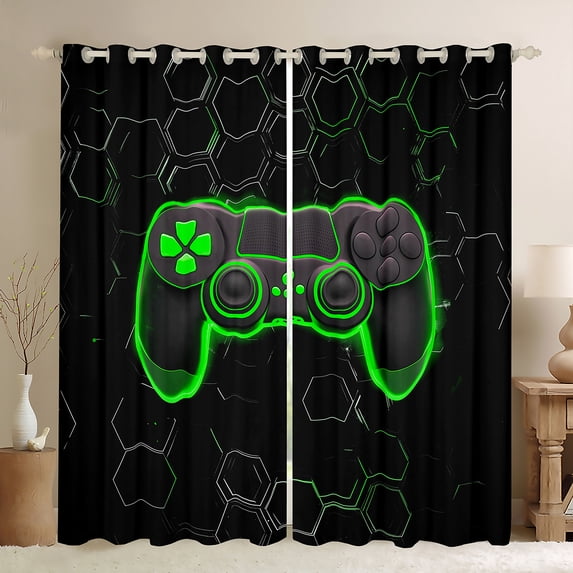 Homewish Kids Green Gamepad Black Out Curtains, Gamer Gaming Theme Curtains Pack of 2 (42x63 Each), Modern Fashion Honeycomb Bedroom Curtains, Window Curtains Bedroom Decor