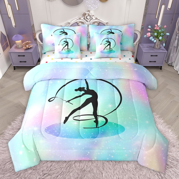 Homewish Kids Gymnastics Dancing 7 Pieces Bedding Comforter Set,Gradient Blue Green Full Bedding Set,Kids Gymnast Sports Fitted Sheet Flat Sheet For Girls,Breathable Home Decor Reversible