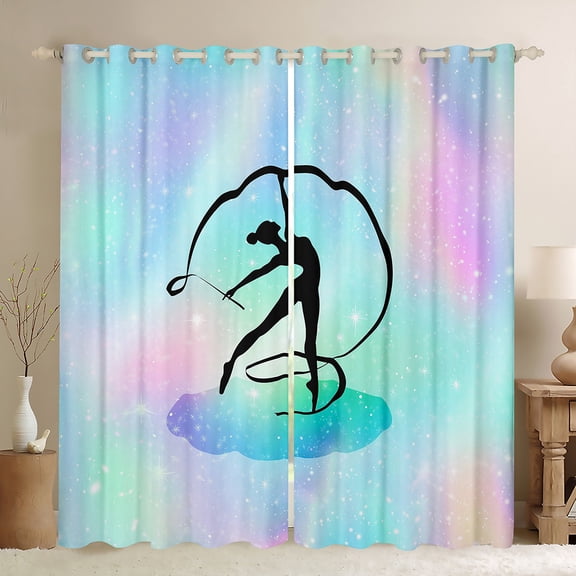 Homewish Kids Gymnastics Dancing Blackout Curtains Set of 2 (52x84 Each),Gradient Blue Green Window Curtains,Kids Gymnast Sports Curtains and Drapes For Girls,Breathable Home Decor