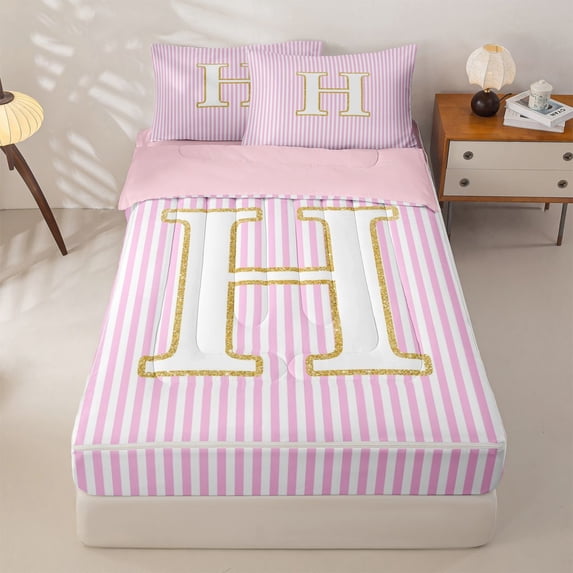 Homewish Kids H Letter Zipper Full Size Comforter Sets with Fitted Sheet and 2 Pillowcases, Abstract Stripes Zipper Bedding Set, Pink Reversible, Pink Reversible, 4-Piece