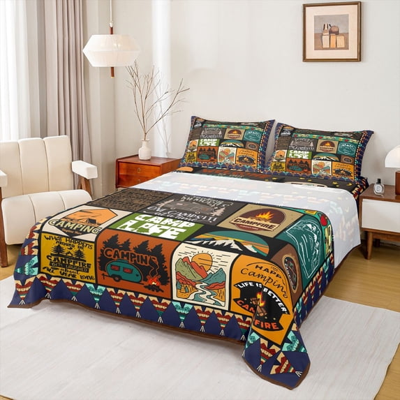 Homewish Kids Happy Camping Bed Sheets, Rustic Jungle Adventure King Sheets, Vintage Bohemian Style Sheet Set, Lightweight Room Decor, 4pcs