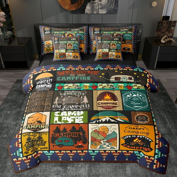 Homewish Kids Happy Camping Bedding Comforter Set 7pcs, Rustic Jungle Adventure Queen Bedding Sets, Vintage Bohemian Style Reversible Queen Sheet Sets, Lightweight Room Decor