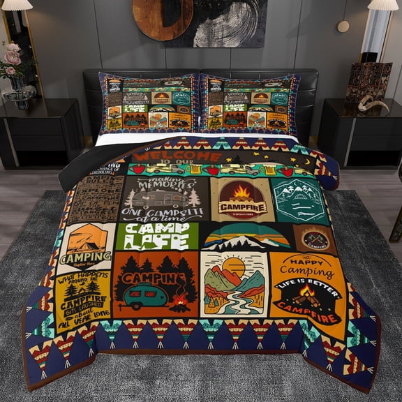 Homewish Kids Happy Camping Bedding Comforter Set, Rustic Jungle Adventure Twin Comforter Sets, Vintage Bohemian Style Reversible Bedding Set, Lightweight Room Decor, 2pcs