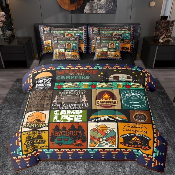 Homewish Kids Happy Camping Twin Bedding Sets 7-Piece, Rustic Jungle Adventure Bedding Comforter Set, Vintage Bohemian Style Reversible Sheet Sets, Lightweight Room Decor