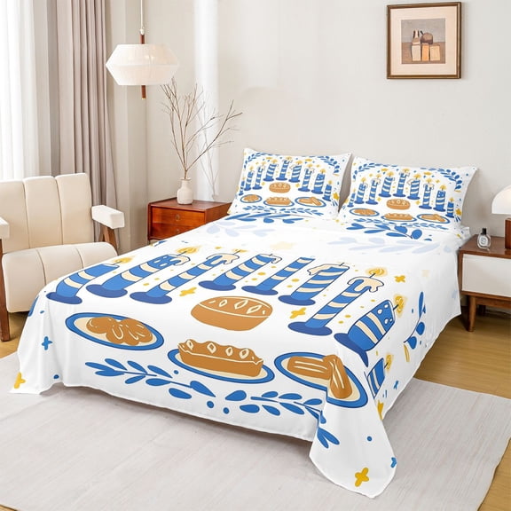 Homewish Kids Happy Hanukkah Bed Sheets, Cartoon Menorah Dreidel King Sheets, Vintage Western Festival Sheet Set, Microfiber Bedroom Decor, 4pcs