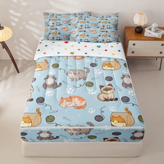 Homewish Kids Kawaii Cat Zipper Twin Comforter Sets with Fitted Sheet and 2 Pillowcases, Blue Cartoon Animal Zipper Bedding Set, Polka Dots Reversible, 4pcs