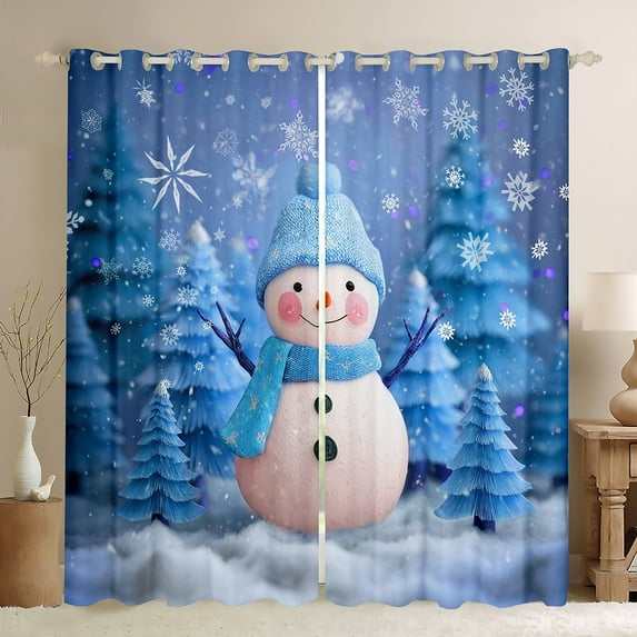 Homewish Kids Kawaii Snowman Black Out Curtains, Cute Blue Curtains Pack of 2 (42x63 Each), Merry Xmas Tree Bedroom Curtains, Luxury Bedroom Decor