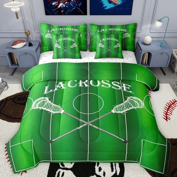 Homewish Kids Lacrosse Game 7-Piece Bedding Comforter Set,Sport Theme King Bedding Sets,Green White Bed Sheets For Boys,Microfiber Bedroom Decor