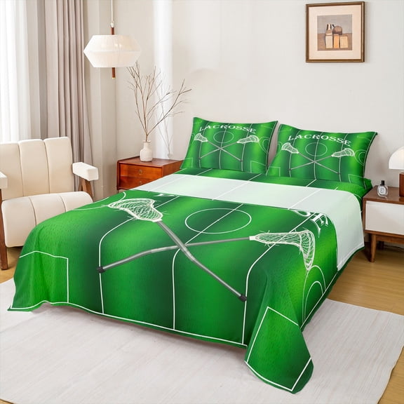 Homewish Kids Lacrosse Game Twin Sheet Sets,Sport Theme Twin Fitted Sheet,Green White Flat Sheet For Boys,Microfiber Bedroom Decor,3-Piece