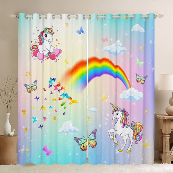 Homewish Kids Magic Unicorn Blackout Curtains Set of 2 (52x84 Each), Stars Rainbow Galaxy Window Curtains, Dreamy Cartoon Butterfly Curtains and Drapes, Blackout Curtains Room Decor