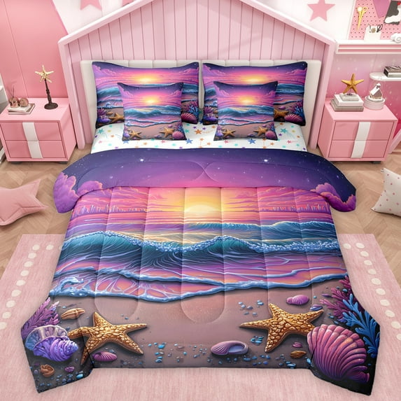 Homewish Kids Ocean Coastal Bedding Comforter Set 7 Pieces, Beach Starfish Seashell Full Bedding Set, Orchid Sky Sunset Reversible Fitted Sheet Flat Sheet, Luxury Bedroom Decor