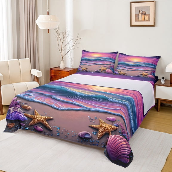 Homewish Kids Ocean Coastal Full Size Sheets, Beach Starfish Seashell Bed Sheets, Orchid Sky Sunset Sheet Sets, Luxury Bedroom Decor, 4-Piece