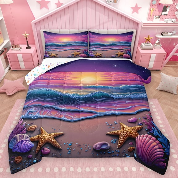 Homewish Kids Ocean Coastal Queen Comforter Set, Beach Starfish Seashell Bedding Sets, Orchid Sky Sunset Reversible Bedding Comforter Set, Luxury Bedroom Decor, 3-Piece