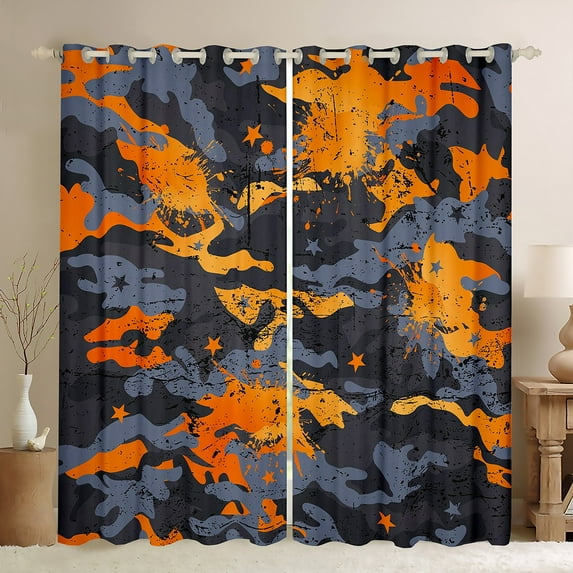 Homewish Kids Orange Camouflage Black Out Curtains, Aesthetic Watercolor Curtains Pack of 2 (42x63 Each), Fashion Artwork Splatter Bedroom Curtains, Window Curtains Bedroom Decor