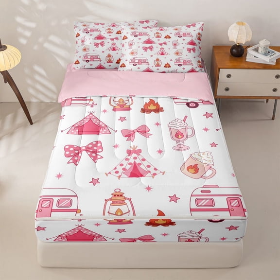Homewish Kids Pink Camper Zipper Twin Comforter Sets with Fitted Sheet and 2 Pillowcases For Travel Trailers,Cute Polka Dot Bowknot Zipper Bedding Set For Girls,Pink Reversible,4-Piece