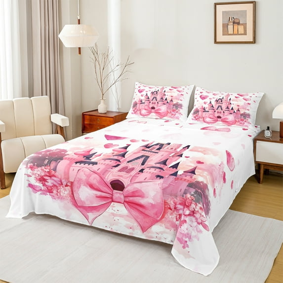 Homewish Kids Princess Castle Bed Sheets, Pink Watercolor Bowknot King Sheets, Romantic Love Heart Sheet Set, Luxury Bedroom Decor, 4-Piece