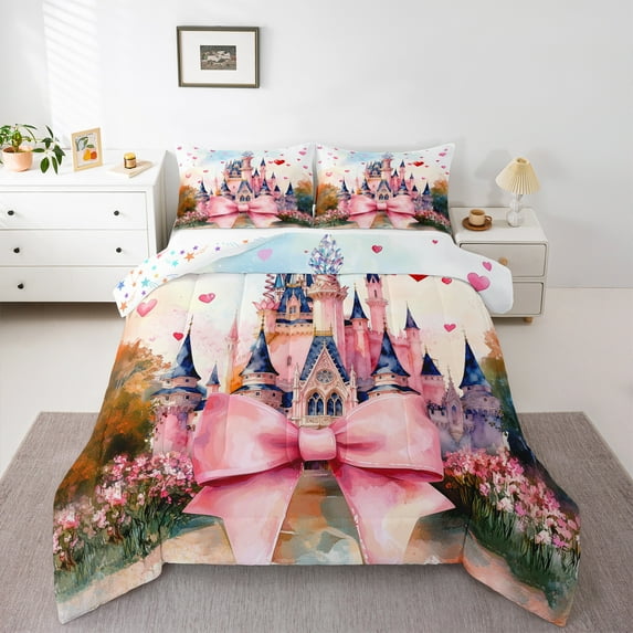 Homewish Kids Princess Castle Bedding Comforter Set, Pink Watercolor Bowknot Twin Comforter Sets, Oil Printing Reversible Bedding Set, Ultra Soft Bedroom Decor, 2-Piece
