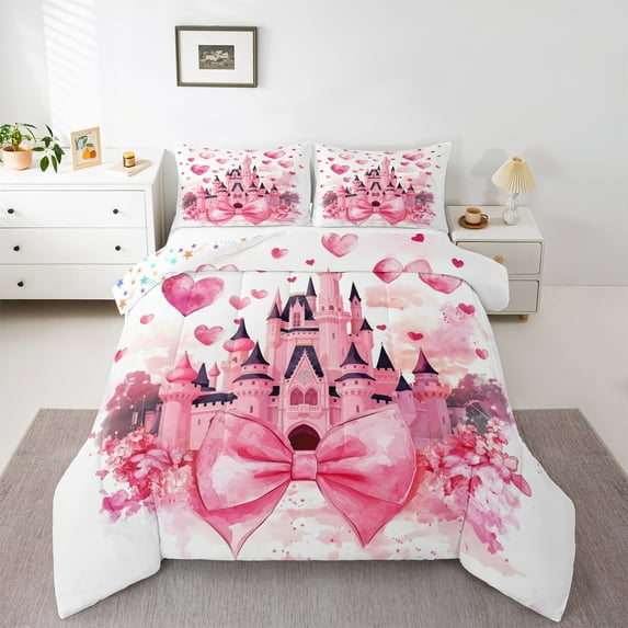 Homewish Kids Princess Castle Bedding Comforter Set, Pink Watercolor Bowknot Twin Comforter Sets, Romantic Love Heart Reversible Bedding Set, Luxury Bedroom Decor, 2-Piece