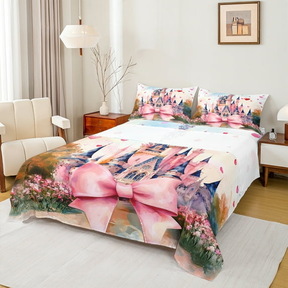 Homewish Kids Princess Castle Queen Sheet Sets, Pink Watercolor Bowknot Flat Sheet, Oil Printing Queen Fitted Sheet, Ultra Soft Bedroom Decor, 4-Piece
